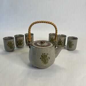 Vintage TAKAHASHI Tea Set – Brown Speckled Stoneware – Teapot + 6 Cups-Floral